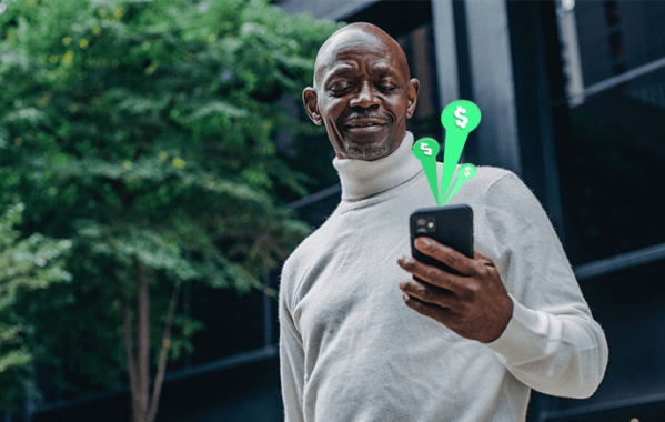 man sharing opinions and earning cash on smartphone